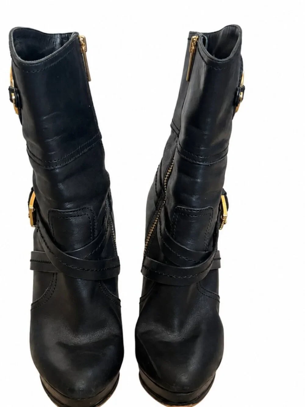 Michael Kors Black Leather Platform Stiletto Boots Gold Logo 7.5